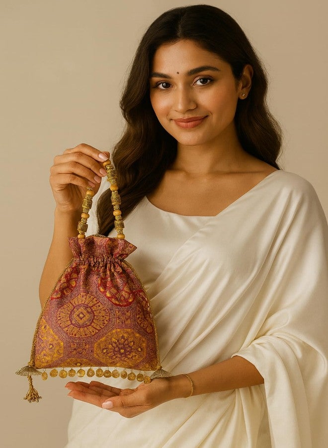 KitchEase Women’s Designer Brocade Potli Bag for Weddings & Festive | Ethnic Bridal Potli with Beaded Handle & Drawstring | For Indian Traditional Brides (Multicolour) - Image 5